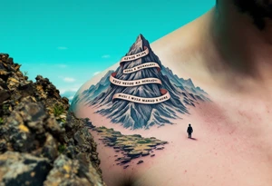 "Kdyz nejde hora k Mohamedovi, musi Mohamed k hore." — A small figure walking toward a majestic gray mountain under a blue sky, with the quote winding around the peak. tattoo idea