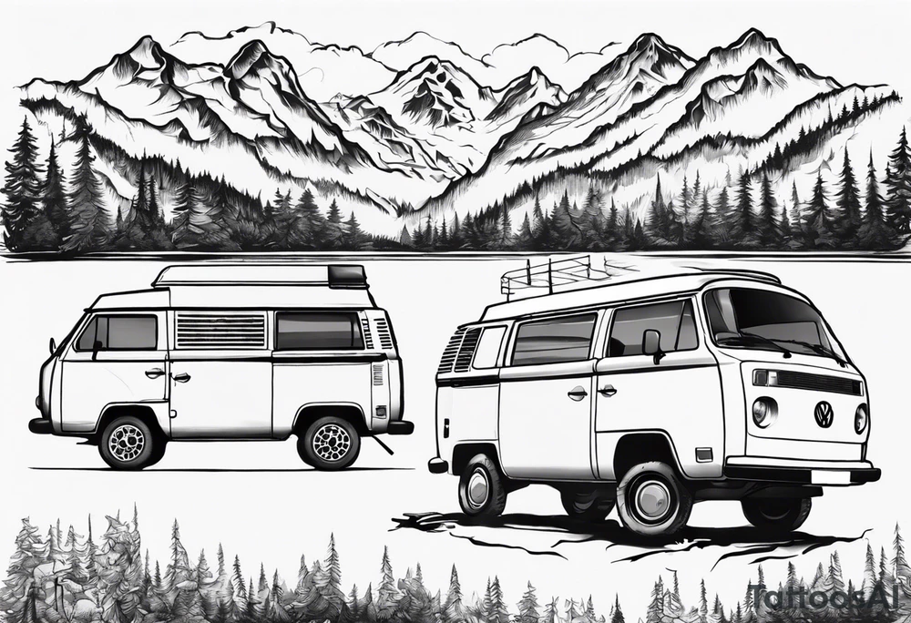 vw t3 in einer landschaft aus bergen und Wälder tattoo idea