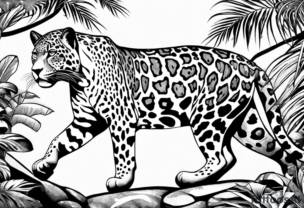 Create and black and grey realistic jaguar walking toward you with rainforest background for a forearm tattoo. Have the jaguars eye colored with emerald green and mouth open tattoo idea