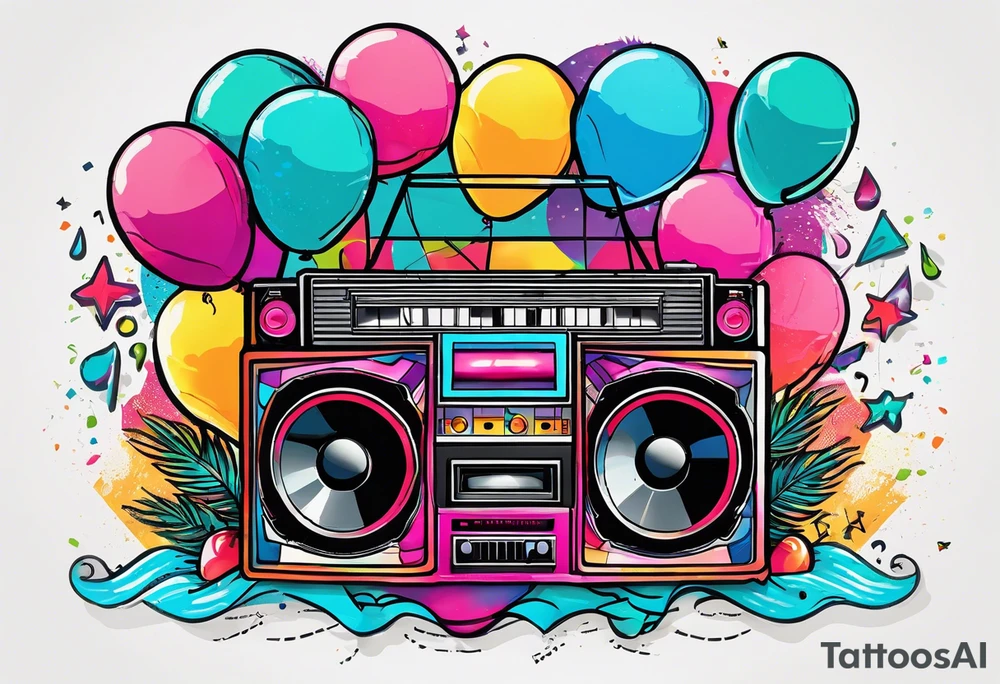 1980's style big boom box mith confetti, balloons and music notes against miami vice style beach background tattoo idea