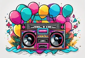 1980's style big boom box mith confetti, balloons and music notes against miami vice style beach background tattoo idea
