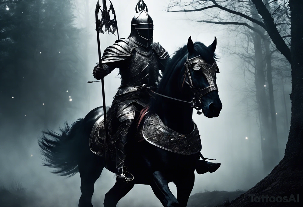 Dark art of the first horseman of the apocalypse. Wearing iron armor with a crown-shaped helmet, carrying a bow and arrows in one hand, he rides a white horse that is strong and slender, wearing shiny ornaments on his face. It is not possible to see the horseman's face, which is obscured by the darkness and fog in the image. It is important that the horseman is facing the image. tattoo idea
