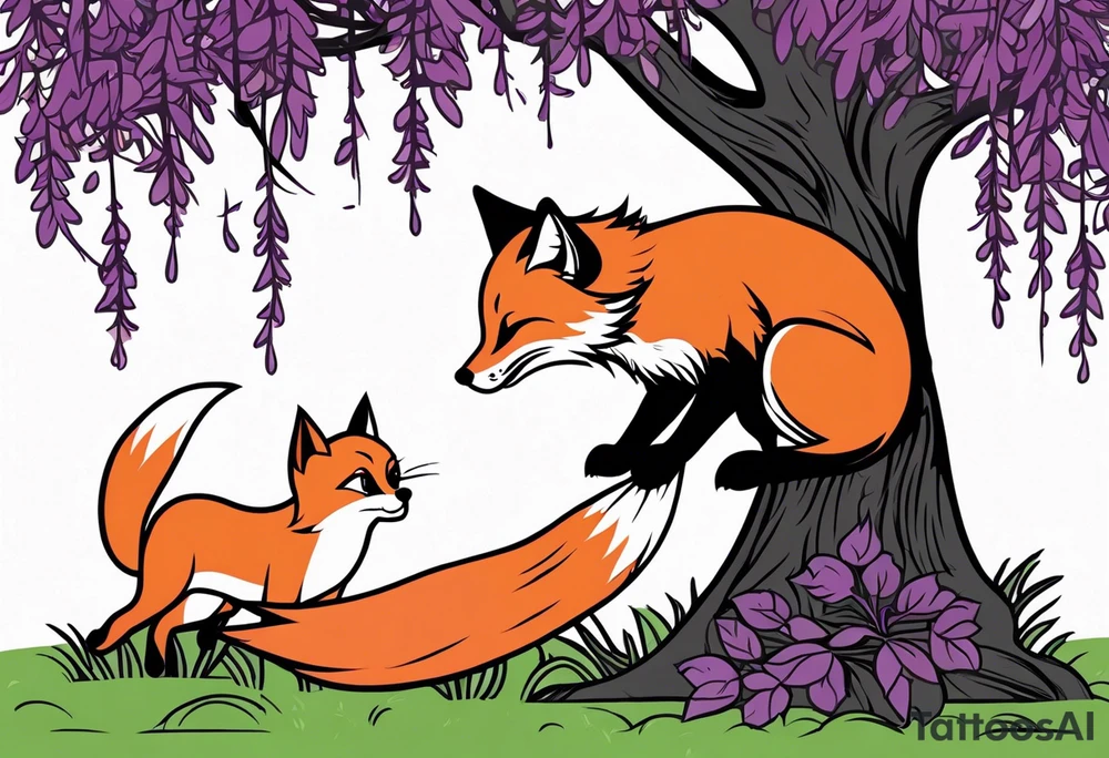 A red fox playing with a black cat underneath a weeping willow tree with purple and green leaves tattoo idea