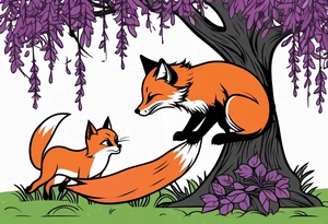 A red fox playing with a black cat underneath a weeping willow tree with purple and green leaves tattoo idea