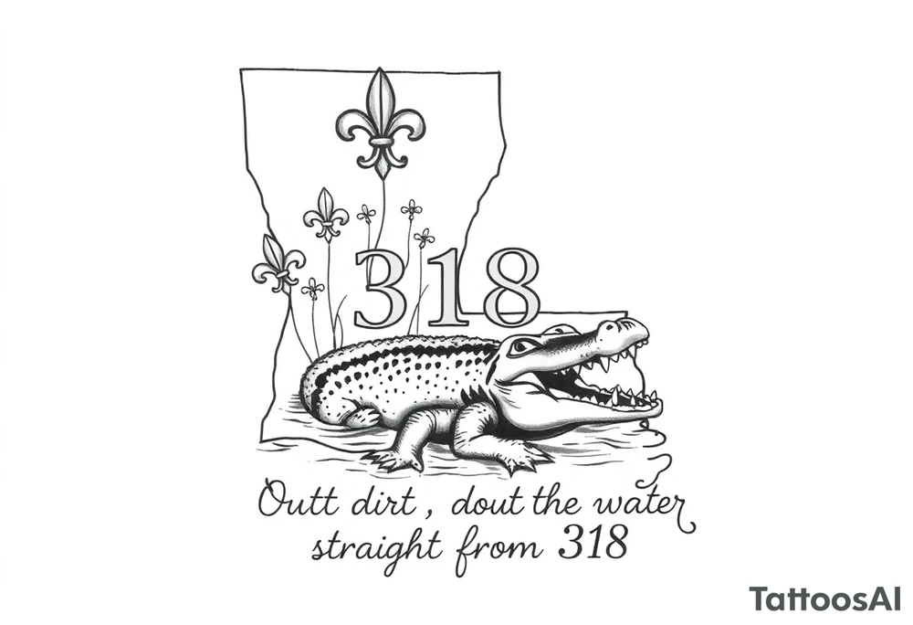 Louisiana state outline with fleur-de-lis, a bayou with a gator , the 318 area code and and quote that says  Out the dirt, out the water, straight from 318 tattoo idea