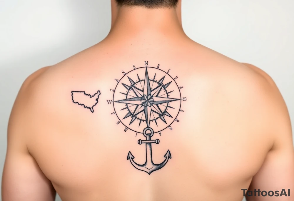 •	Central Compass Rose: Symbolizing your journey and guidance through life’s adventures.
	•	State Icons: Incorporate subtle outlines or symbols representing Texas (e.g., a lone star), Connecticut (e.g., a charter oak leaf), and Washington state (e.g., a mountain or evergreen tree) at the cardinal points corresponding to their geographic locations.
	•	Anchor Base: An anchor at the base of the compass, representing your ties as a Navy wife. tattoo idea
