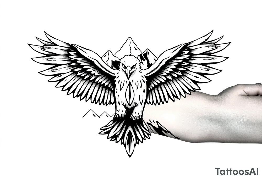 majestic eagle spreading wings against mountain peaks casino theme with 3d raindrop tattoo idea