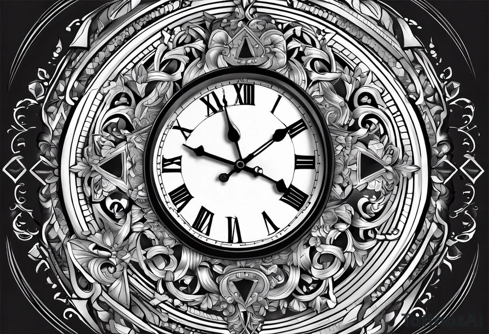 draws a clock which is mixed with an hourglass. they are surrounded by Roman numerals. it is a black and white tattoo for the right shoulder of a man tattoo idea
