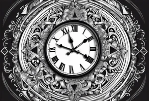 draws a clock which is mixed with an hourglass. they are surrounded by Roman numerals. it is a black and white tattoo for the right shoulder of a man tattoo idea