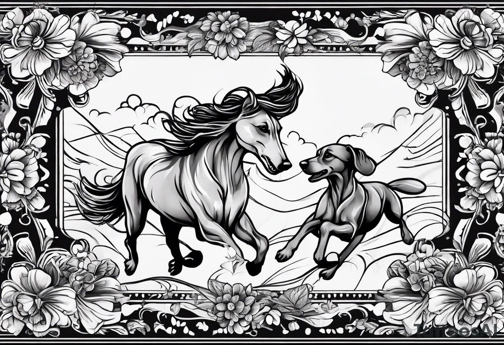 2 miniature dashound running outline and a long haired dashound outline running with Bones and bows and balls and flowers around tattoo idea