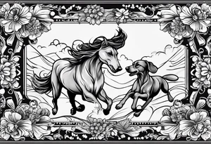 2 miniature dashound running outline and a long haired dashound outline running with Bones and bows and balls and flowers around tattoo idea