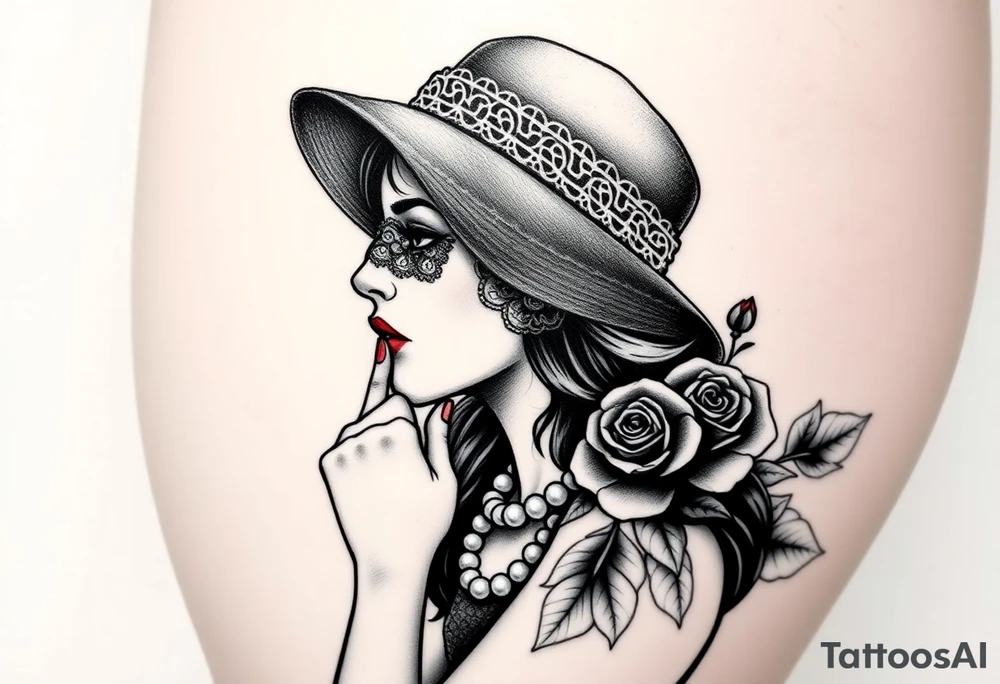 Black and white profile of woman with chin pressed on hand, hat with lace covering her eyes as she looks to the distance
, pearl necklace in her mouth with red lips flowers around her with one red rose standing out thigh tattoo tattoo idea