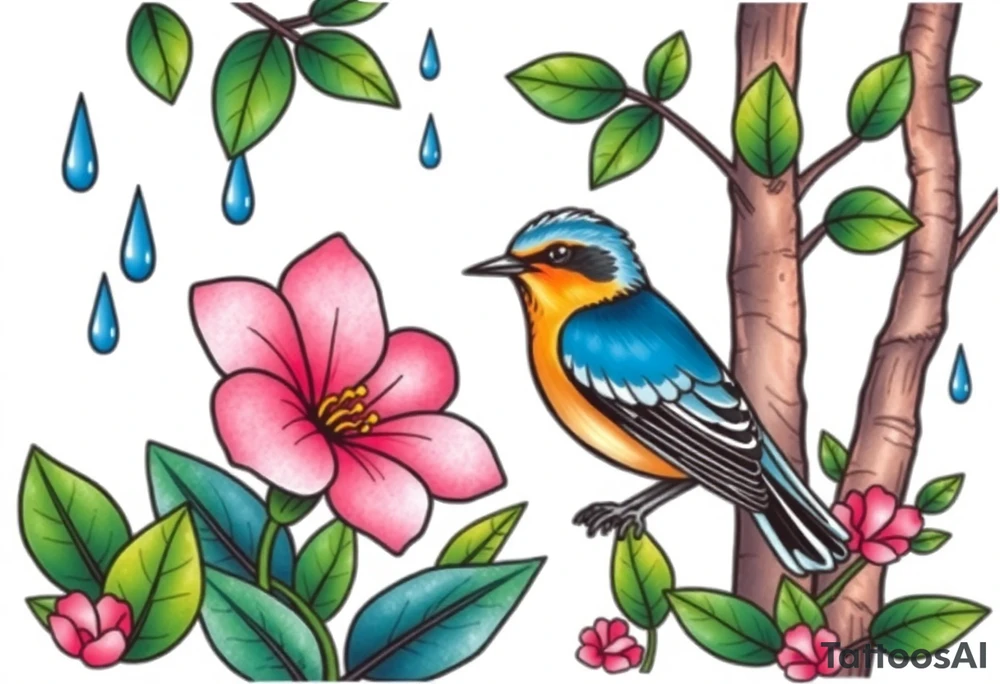 forest with blue rain drops, pink camelia flower and blue and brown wren bird tattoo idea