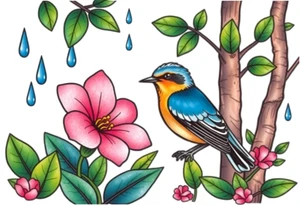 forest with blue rain drops, pink camelia flower and blue and brown wren bird tattoo idea