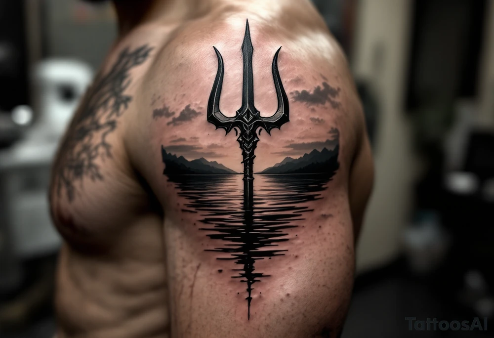 trident half way under calm water at sunset tattoo idea