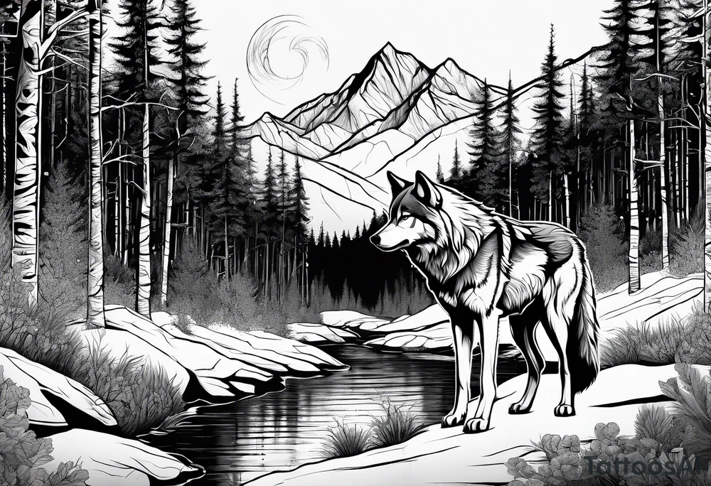 wolf mountain forest tattoo idea