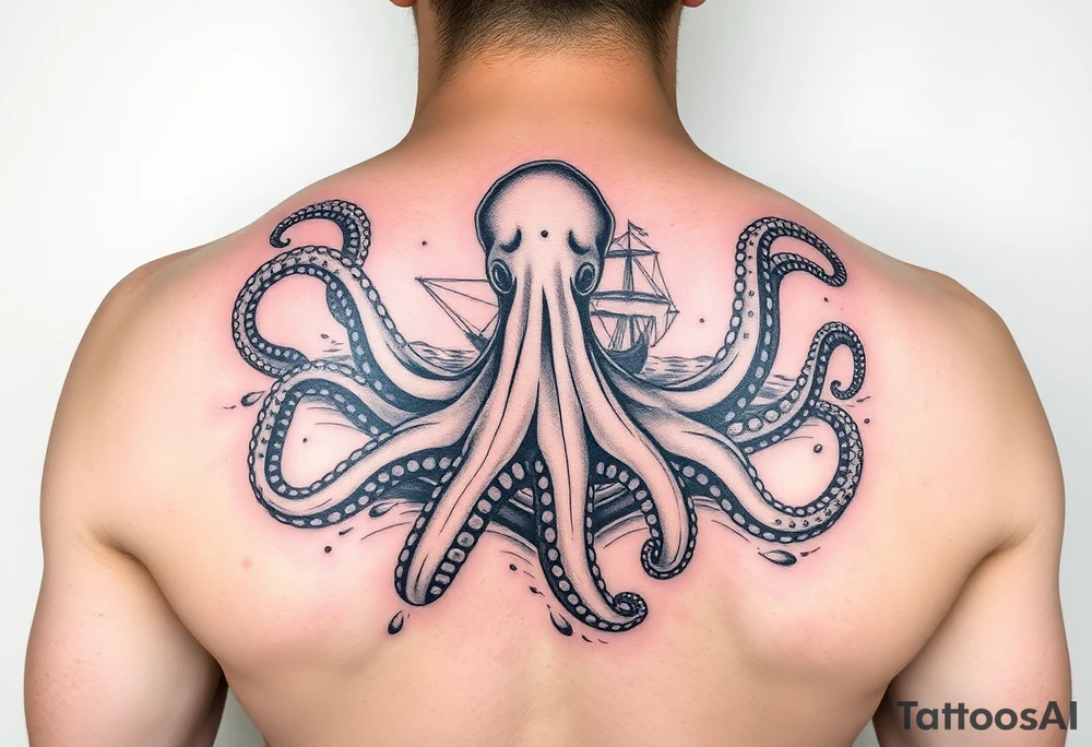 Octopus with ship and sea background tattoo idea