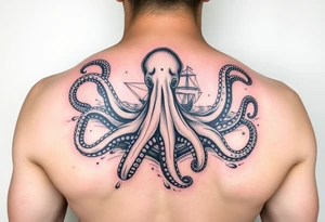 Octopus with ship and sea background tattoo idea
