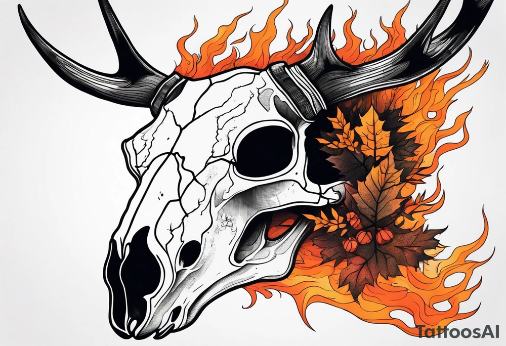 scary side view of a DECAYING deer skull JUST BONE surrounded by a forest fire in background tattoo idea