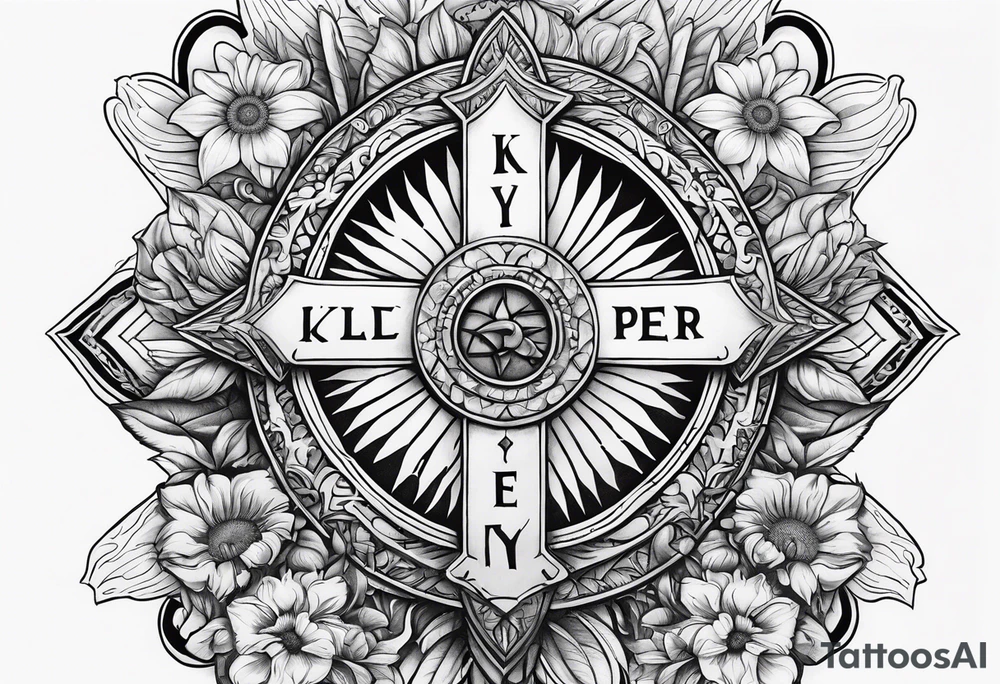 A central cross with the names Kyle Peter Lori on it with lighting a motorcycle and a sunflower around it tattoo idea