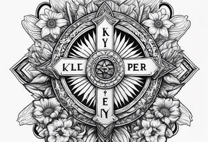 A central cross with the names Kyle Peter Lori on it with lighting a motorcycle and a sunflower around it tattoo idea
