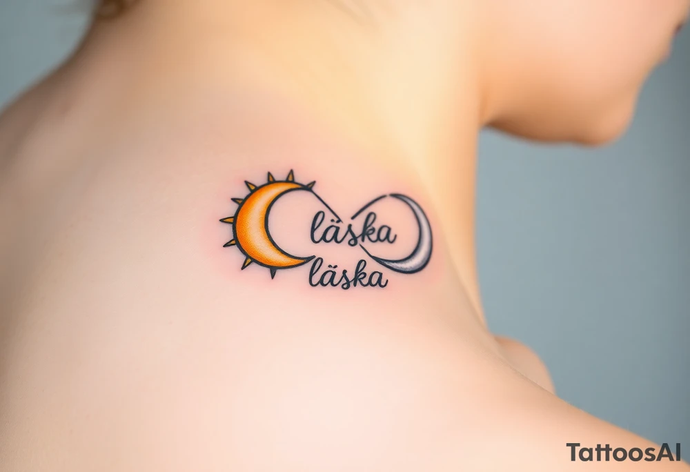 A moon-and-sun-themed infinity symbol, where one side features a golden sun and the other a silvery crescent moon, with the word "láska" written in between tattoo idea