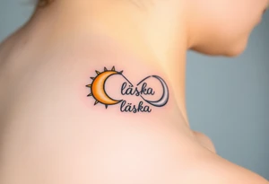 A moon-and-sun-themed infinity symbol, where one side features a golden sun and the other a silvery crescent moon, with the word "láska" written in between tattoo idea