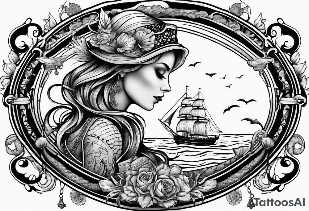 full sleeve skeleton sailor mermaid silhouette outline mechanical nautical tattoo idea