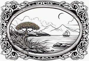 An oval frame of driftwood and sea with a thistle at the bottom of the frame. tattoo idea