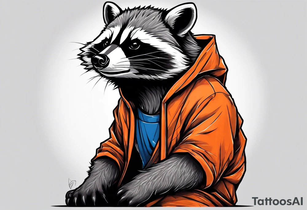 Raccoon wearing an orange Superman hoodie tattoo idea