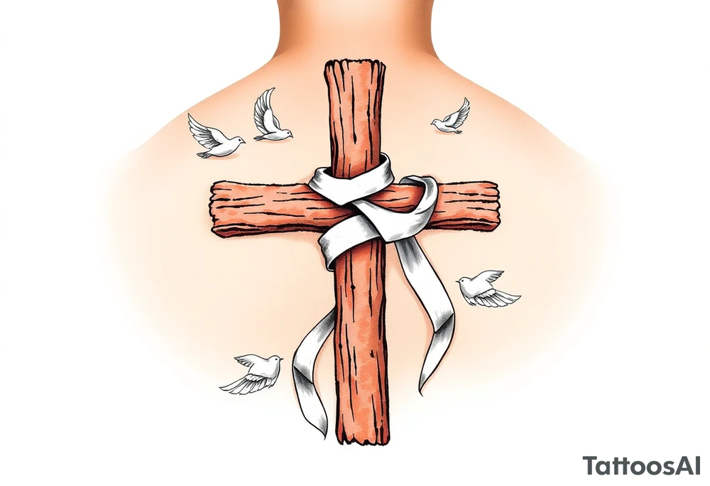 A rustic wooden cross wrapped in a flowing white ribbon, with white dove feathers scattered around. tattoo idea