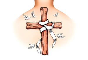 A rustic wooden cross wrapped in a flowing white ribbon, with white dove feathers scattered around. tattoo idea