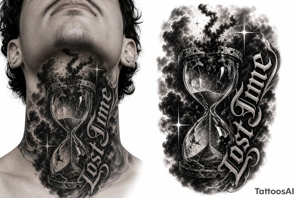 Black and grey realism tattoo design of a cracked, shattered hourglass centered in dark heavy clouds. Sand and dark smoke floating upward out of the glass. Custom gothic script lettering that says "Lost Time" wrapped around the base. Chicano style shading, deep blackwork background, sharp 4-point sparkle stars, high contrast, clean white background, tattoo stencil style. Put on the throat not the back of neck put “Lost Time” like on the side on neck but still connected tattoo idea