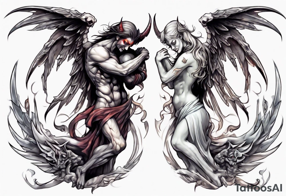 Demon and angel hugging each other tattoo idea