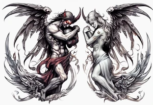 Demon and angel hugging each other tattoo idea