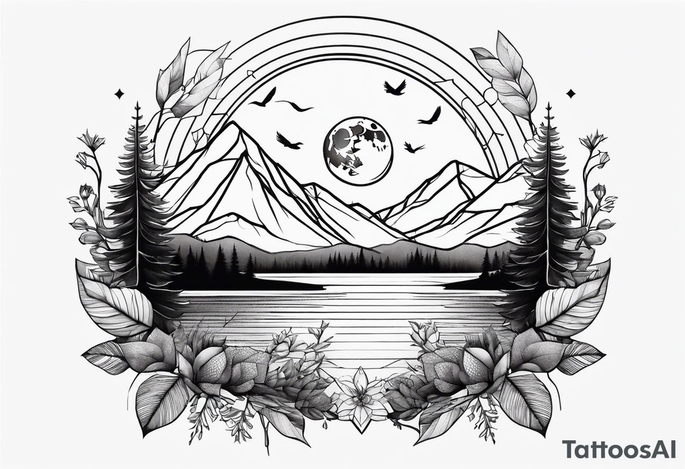 Geometric nature tattoo with moutains, lake, forest, birds and a moon. Should fit on the forearm. tattoo idea