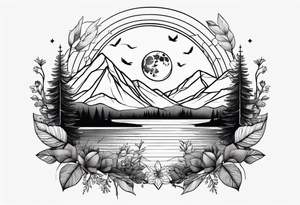 Geometric nature tattoo with moutains, lake, forest, birds and a moon. Should fit on the forearm. tattoo idea