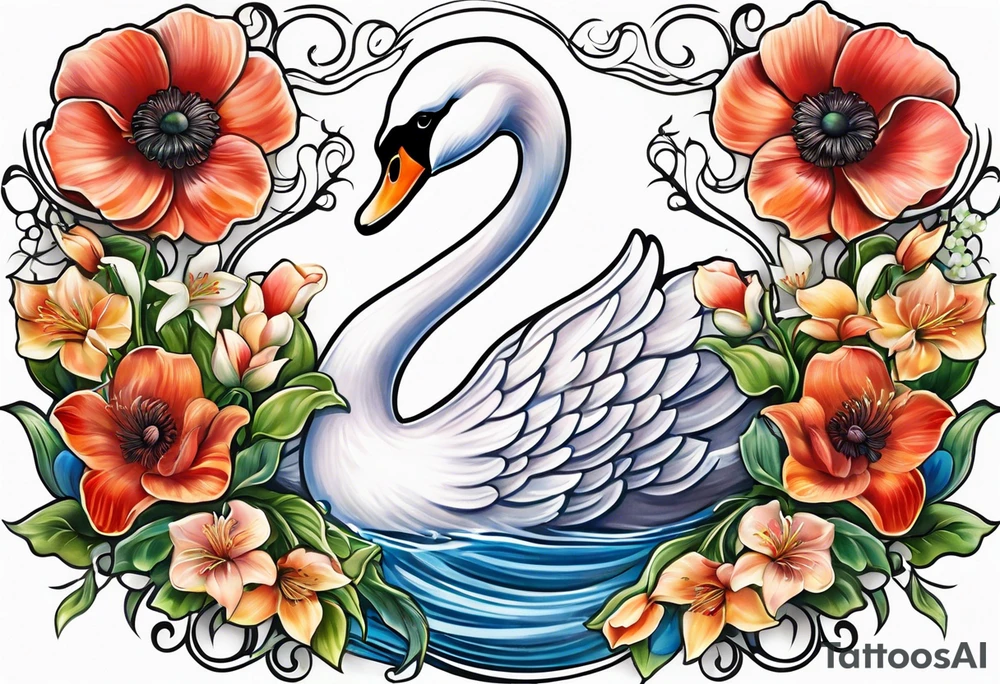 Colorful swan tattoo with poppies, Lily of the valley, sweet pea flower, honeysuckle tattoo idea