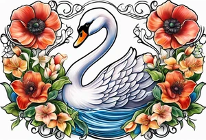 Colorful swan tattoo with poppies, Lily of the valley, sweet pea flower, honeysuckle tattoo idea