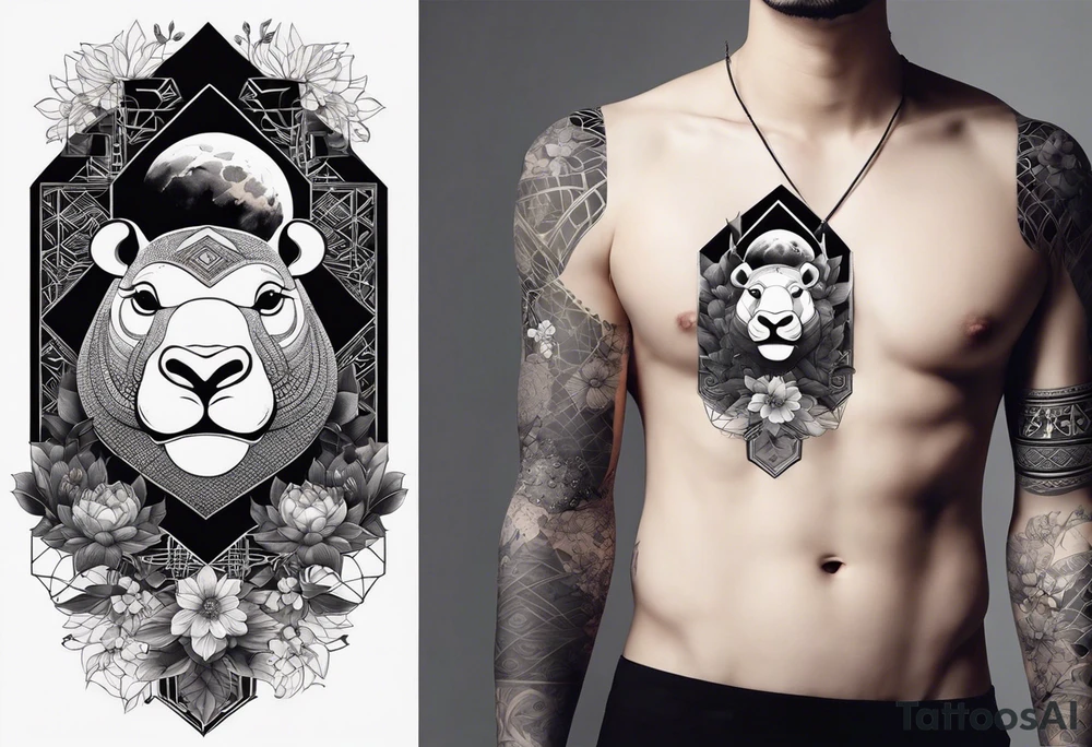 Very asymmetrical, +geometric pattern, with realistic full moon, with hippo, +zen feel, + Buddhism touch, +tribal, +geometric, +inkart , +blackwork
with wintersweet flower bud, +portrait orientation, +inkart touch, tattoo idea