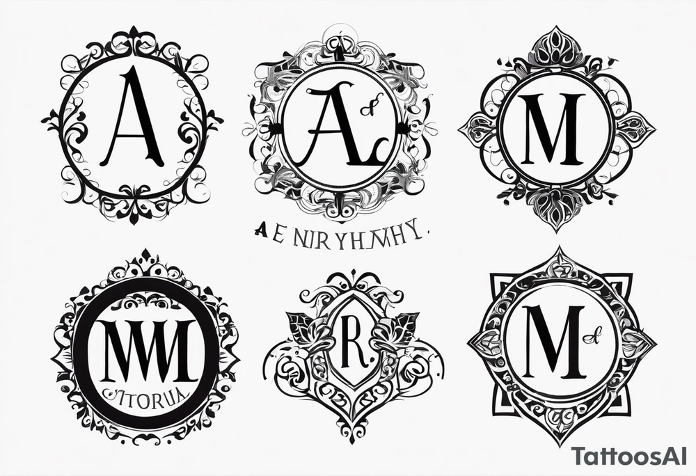 A logo type tatoo using the first name and middle name initial of my wife and three daughters: CM, AL, ER, and EG tattoo idea