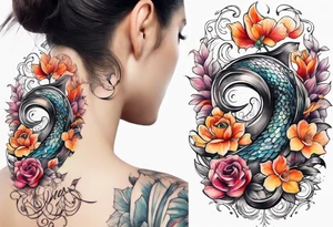 Infinity symbol with coi fish and name tattoo idea