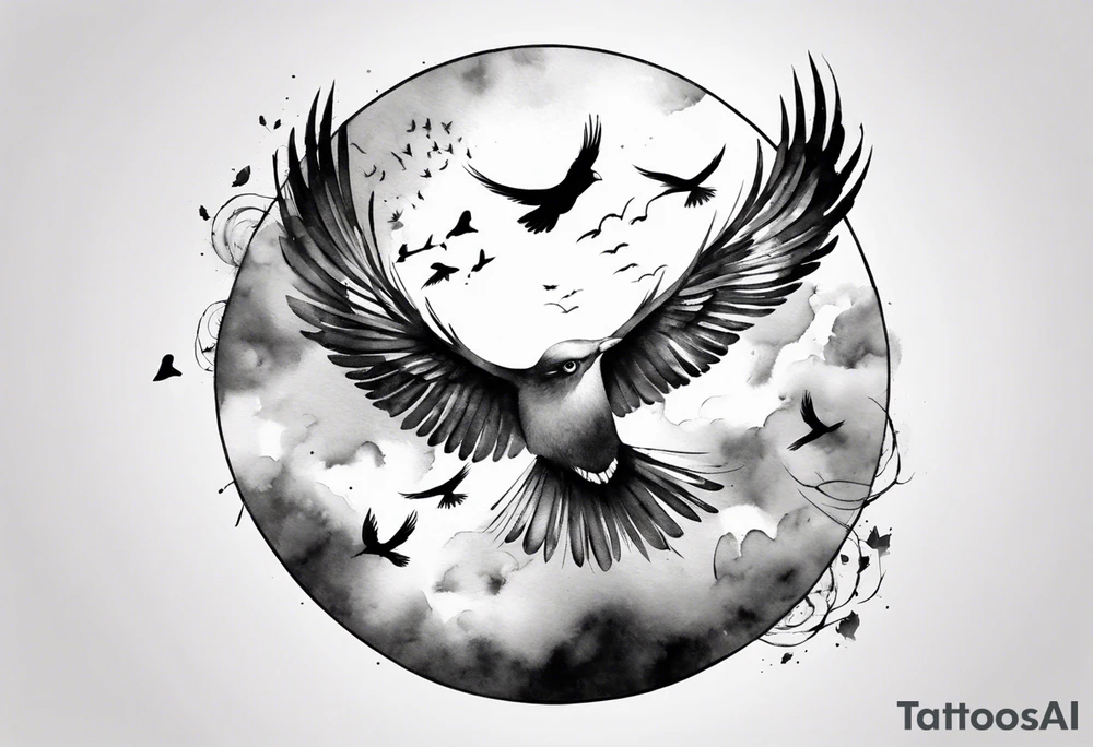 shoulder tattoo with light rays with birds flying free among the clouds, round shape, 3d effect tattoo idea
