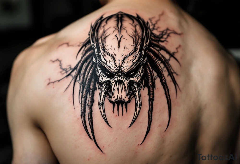 Tracker Predator – A bestial, primal version of the Predator from Predators (2010), featuring deep brown and gray reptilian skin, minimal armor, and three mechanical, tusk-like mandibles on its mask. Uses a hunting beast instead of technology. tattoo idea