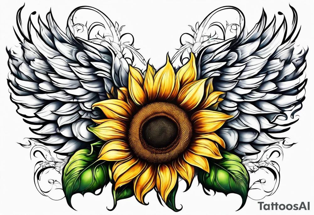 Sunflowers and angel wings leg sleeve tattoo idea