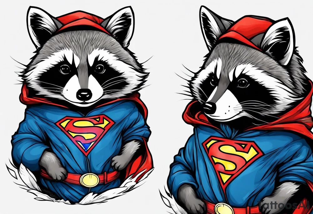 raccoon wearing a Superman hoodie tattoo idea