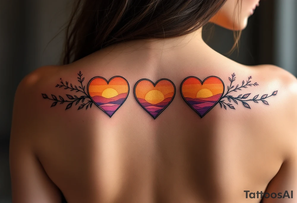 Hearts shaded with a sunset gradient of orange, pink, and purple across both shoulder blades. tattoo idea