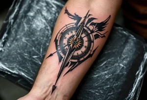 Rustic half compass half clock with a long native American arrow pointing at my wrist with the words “True North” and says "Isaiah 40:31" tattoo idea