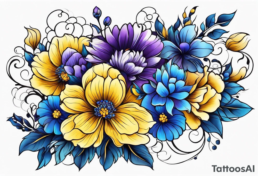 Blue yellow and purple flowers arm sleeve tattoo idea