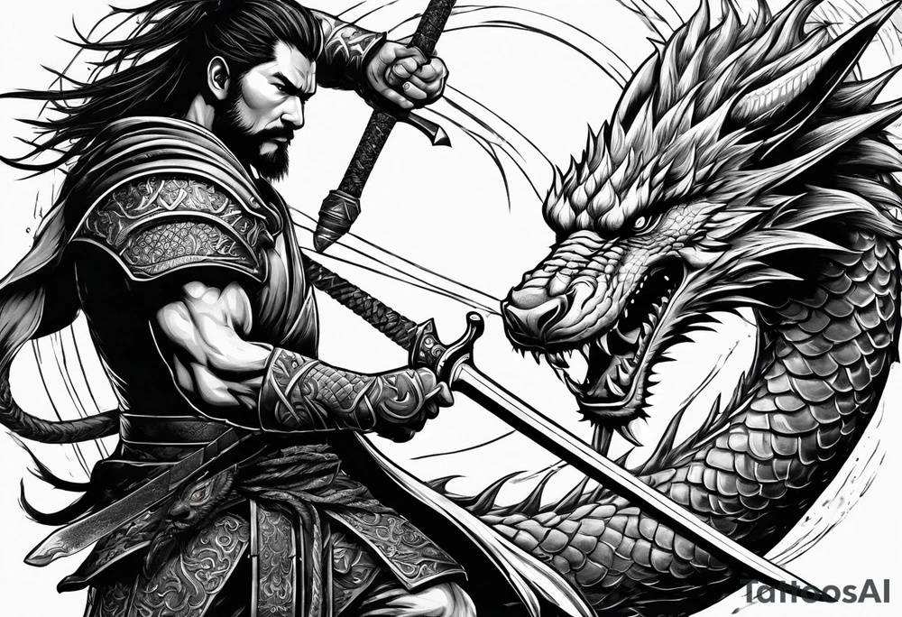 Northern Warrior standing with sword held straight up and down and killing a dragon tattoo idea